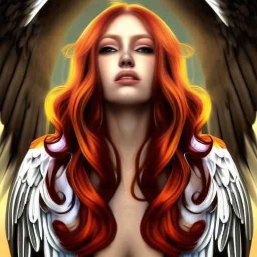 Red haired angel, beautiful face, white wings, clear light, bright ...