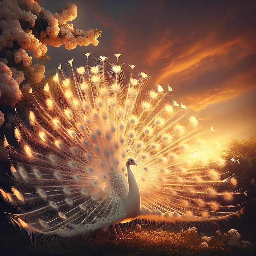 A majestic white peacock standing proudly with its tail fully fanned out, glowing in the light of an ...  by @Murray