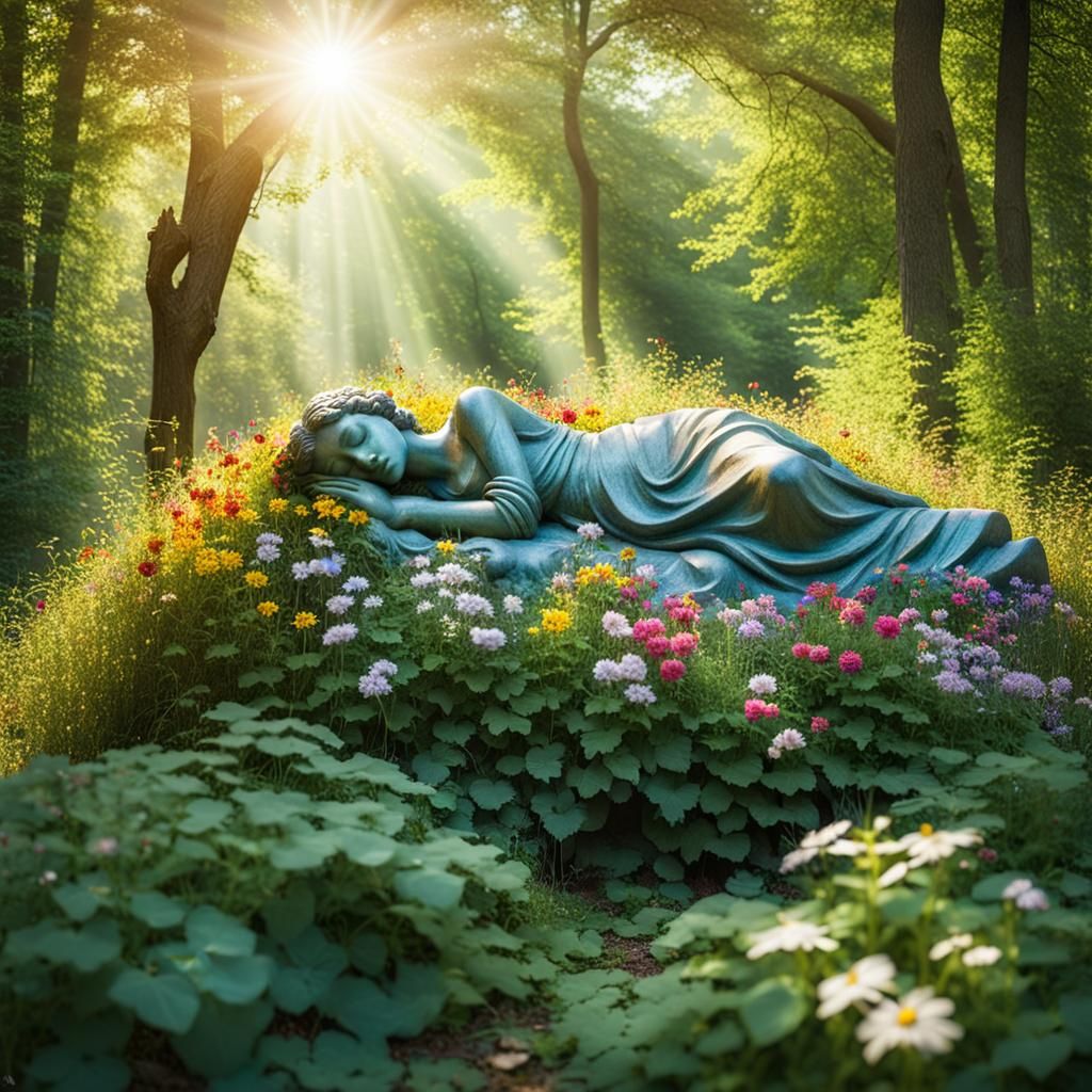 A sculpture of a sleeping woman overgrown with colorful flow...