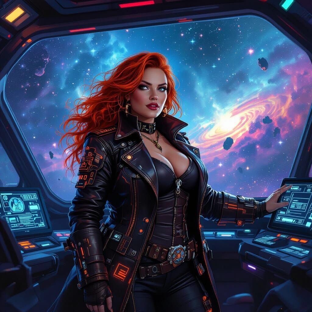 A plus-size space pirate captain with fiery red hair, stands boldly on the bridge of her starship, overlooking a nebula filled with swirling...