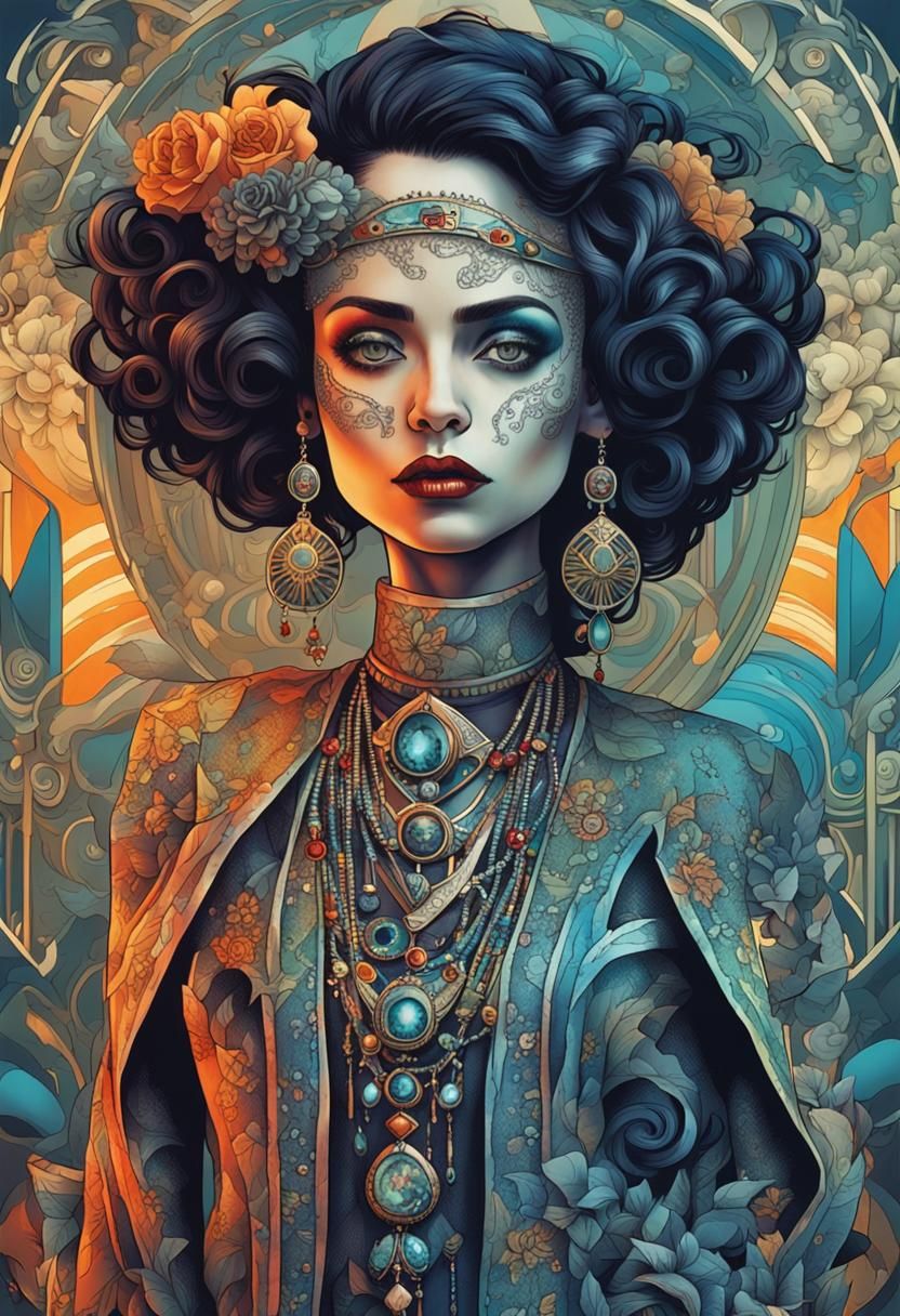 portrait of a beautiful woman wearing intricately detailed c...