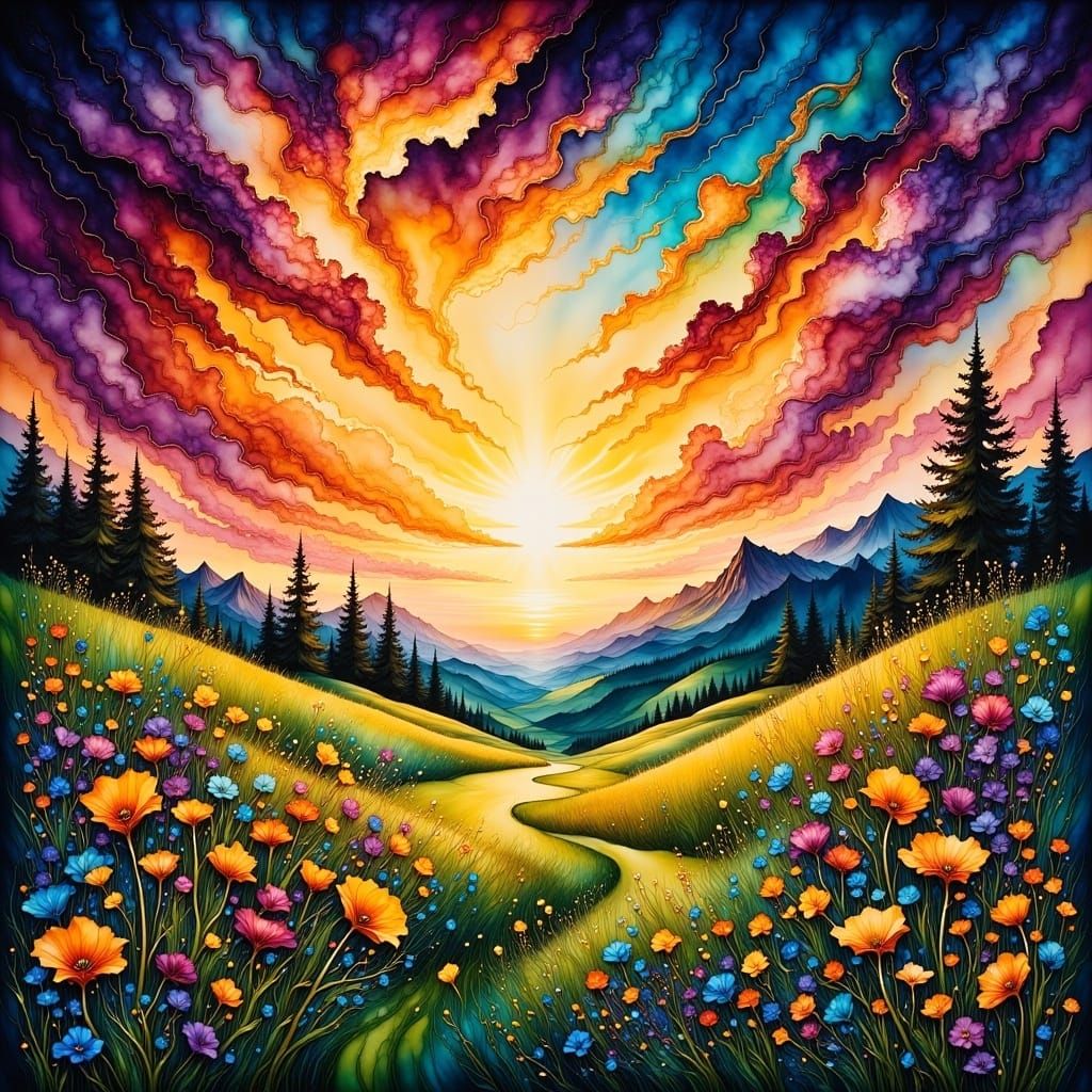 Epic fantasy sunset over a wildflower meadow, <lora:Fantasy Ink Flux:1.0> , alcohol-ink masterpiece