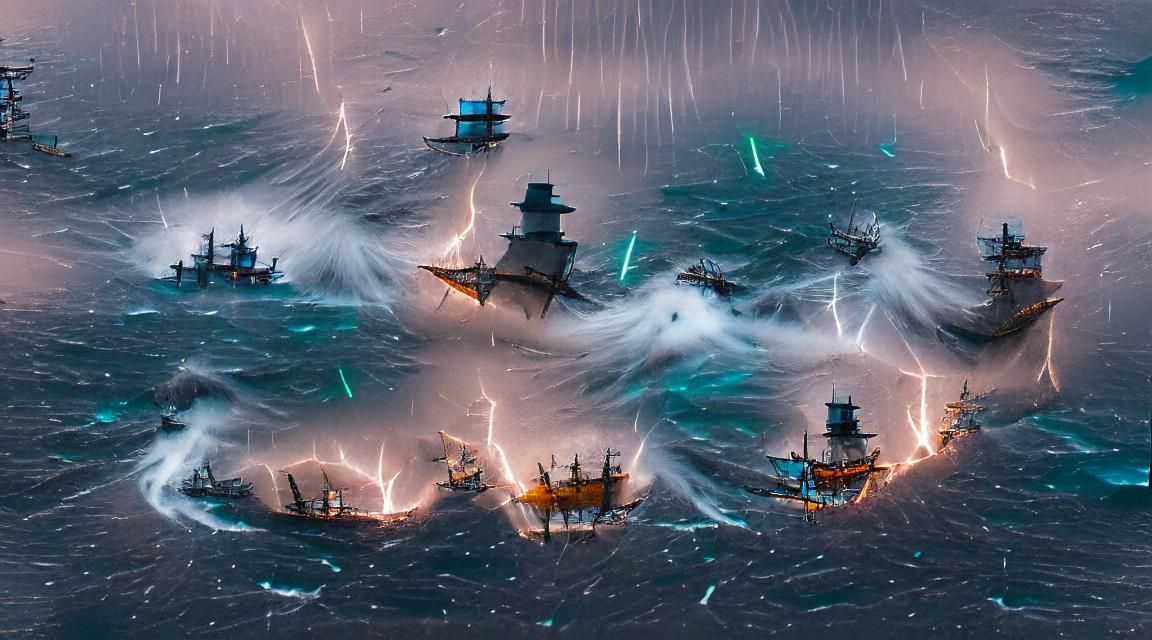 Ships engaged in battle amidst a storm