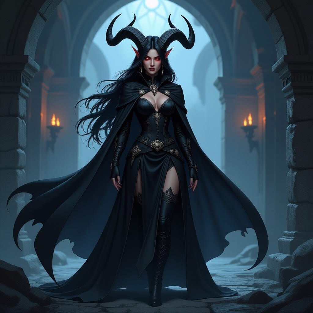 DnD Character tiefling with long black cape