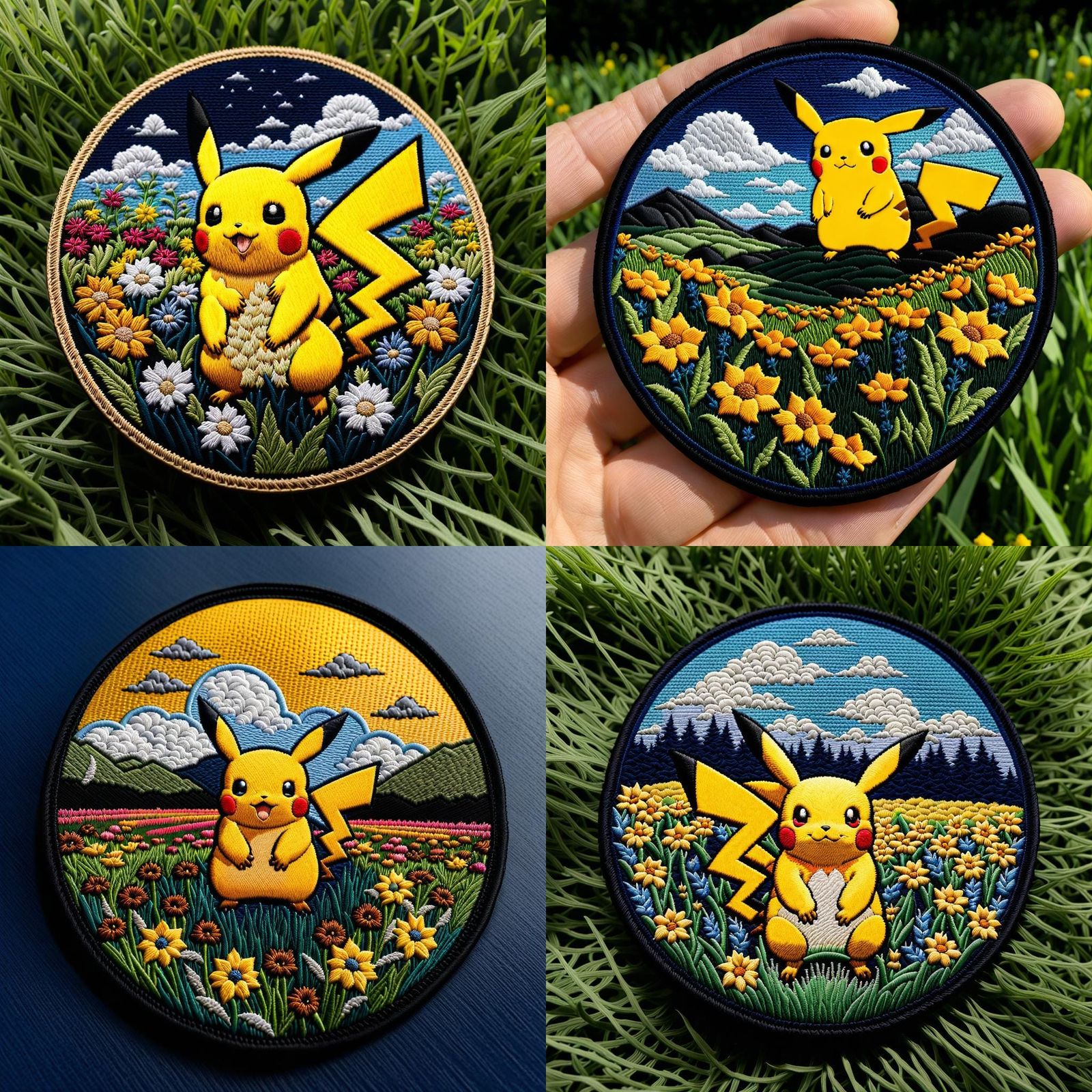 "a circular embroidered patch depicting Pikachu in a field of flowers. Include clouds, grass. Use rich blues, gradient g...