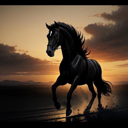 with high detail of a black horse running under a sunset. si...
