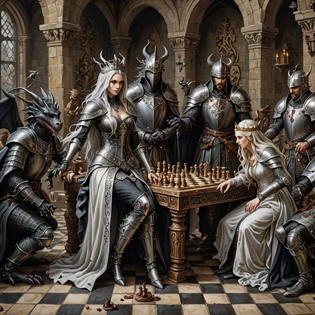 Paint like ANNE STOKES: Black and white figures fight on a chessboard, medieval pawns, knights, king ...  by @Floh