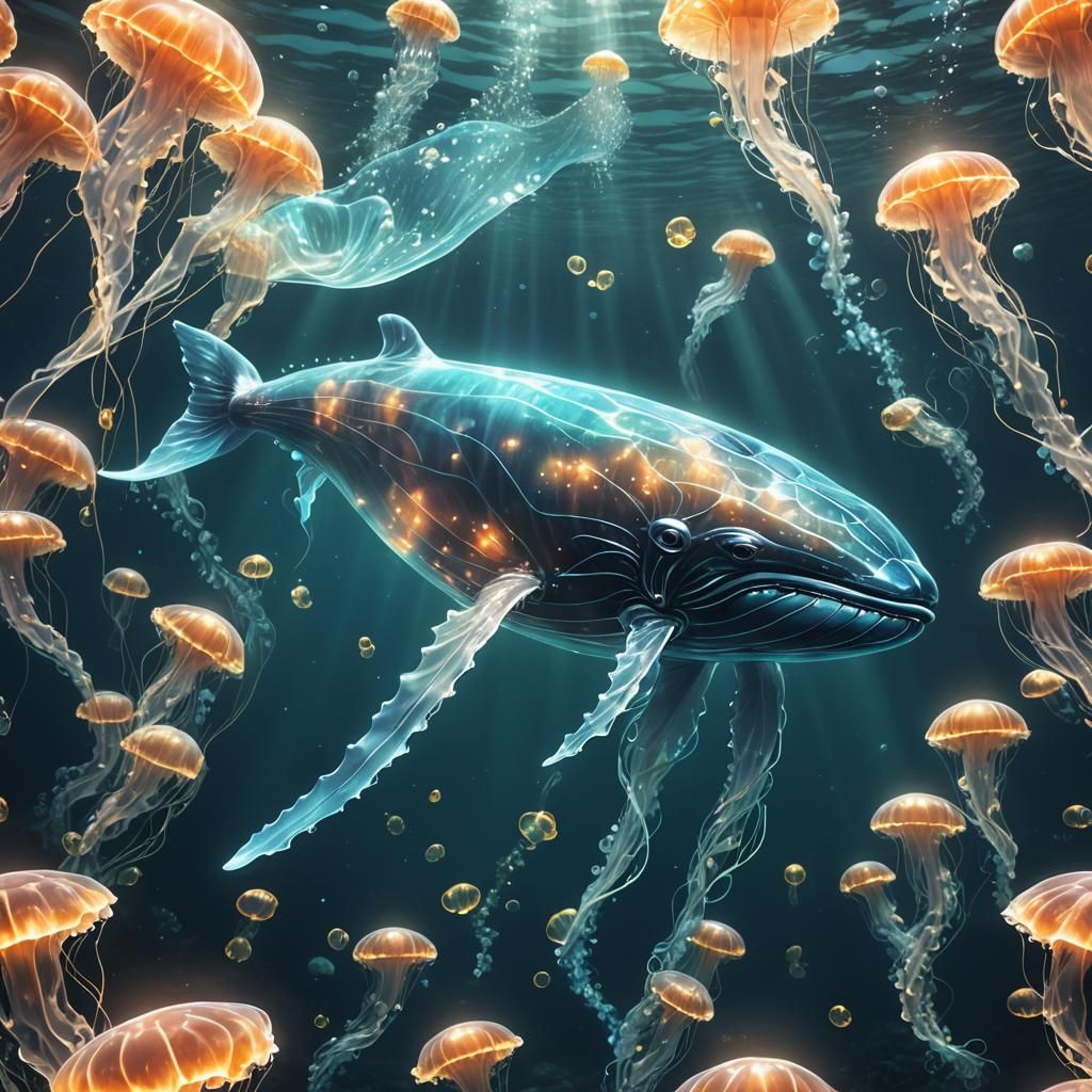 Underwater view of a huge fantastical glowing transparent gl...