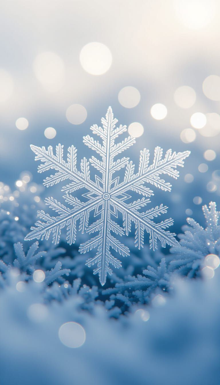 A single snowflake falling into a white background