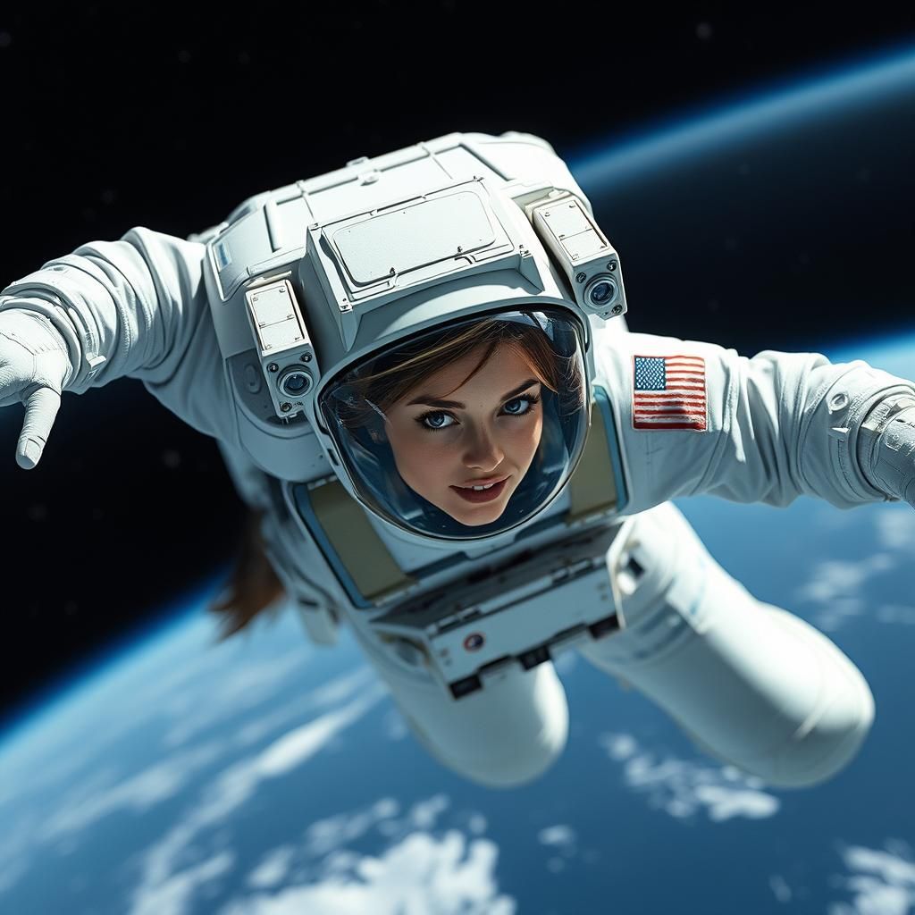 beautiful female astronaut, floating in space, 