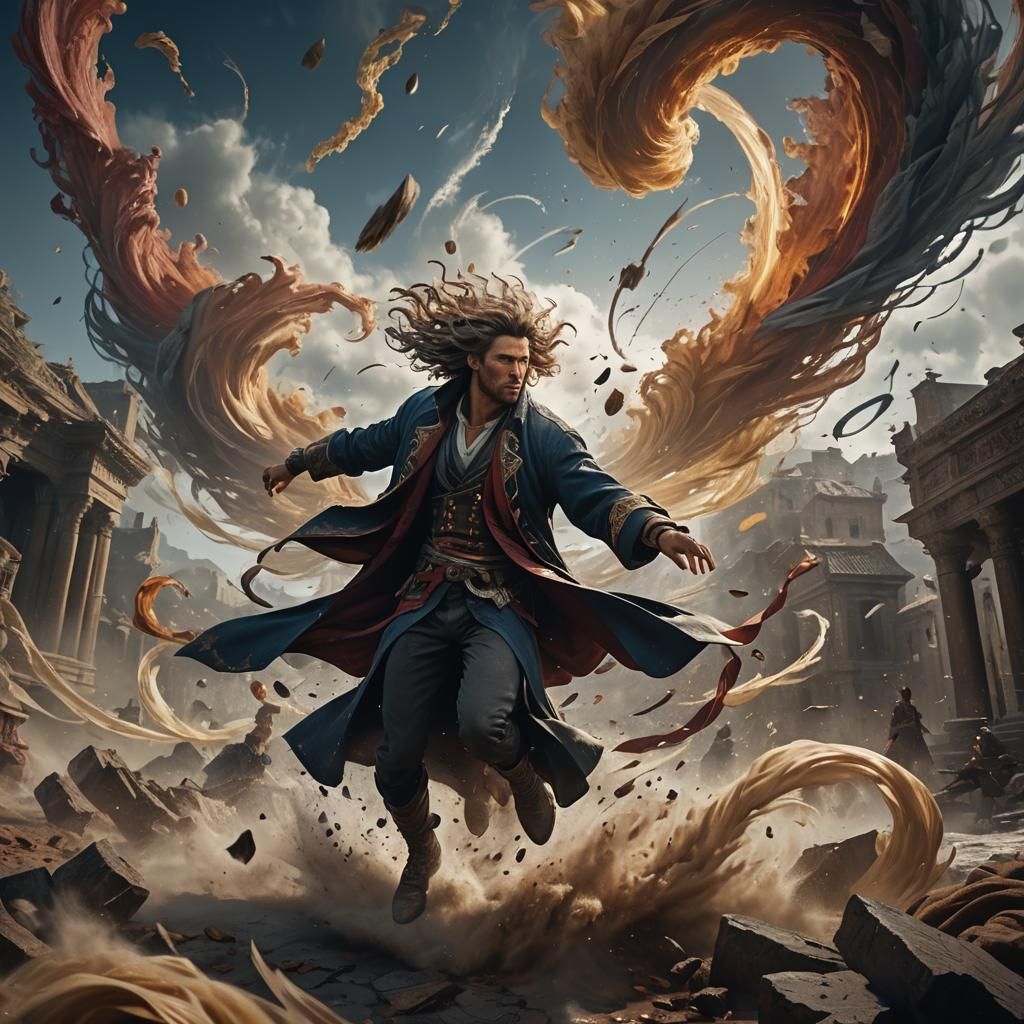 person surrounded by swirling winds