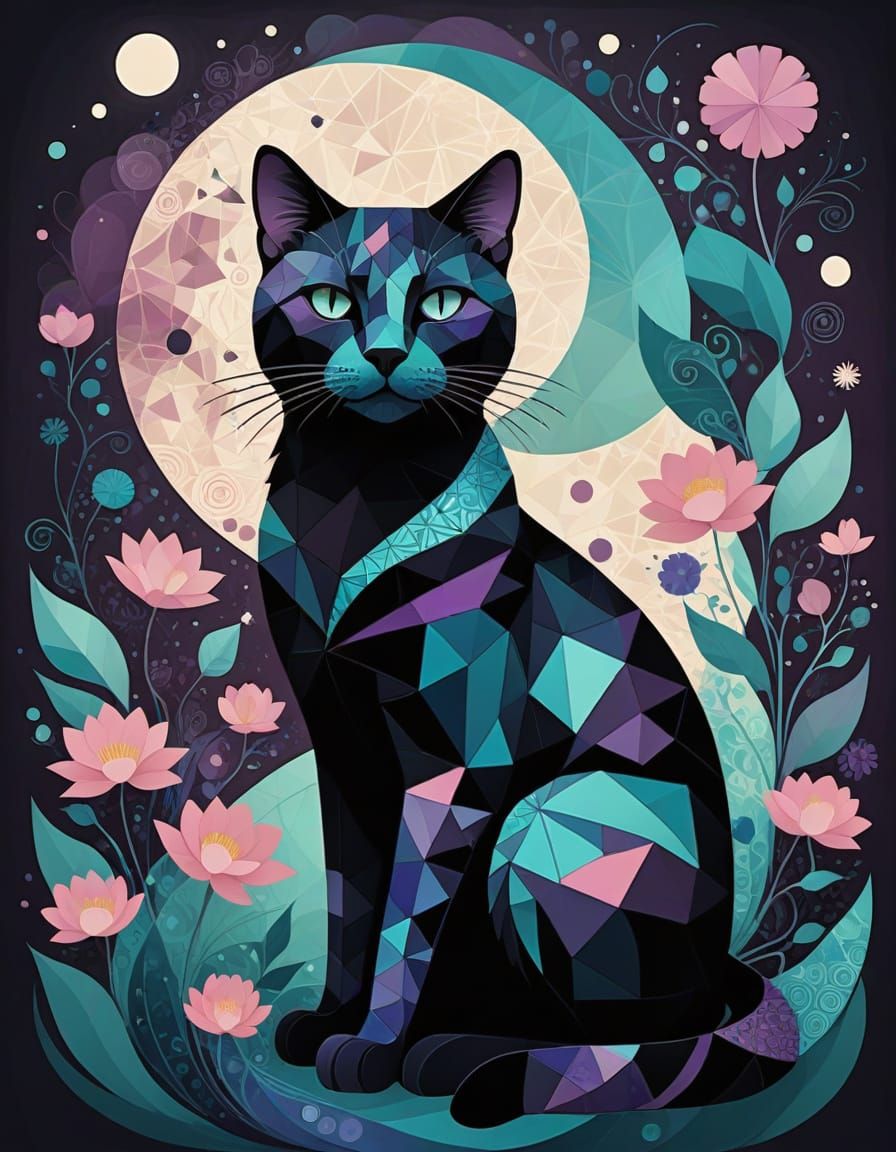 abstract geometry painting of a sitting elegant cat.   by @Ylona