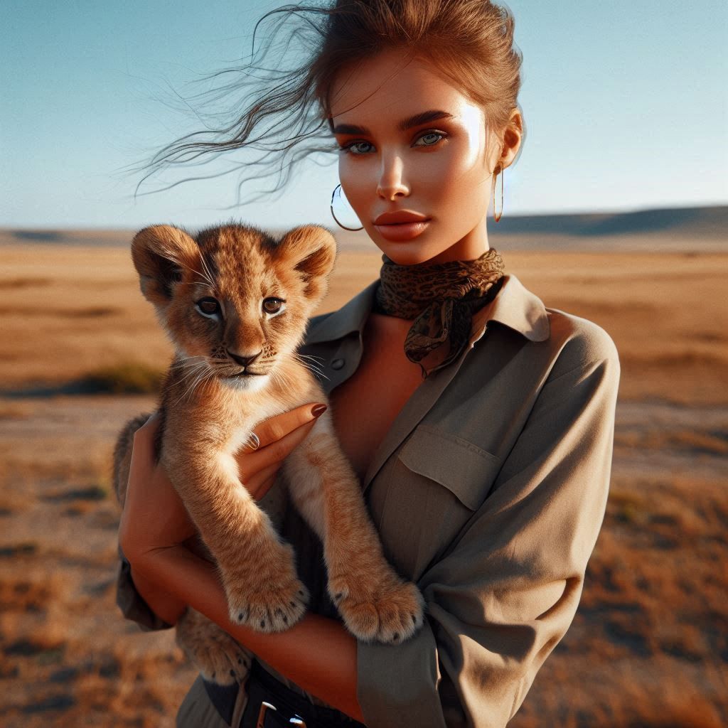 Portrait of a woman with a cute baby lion