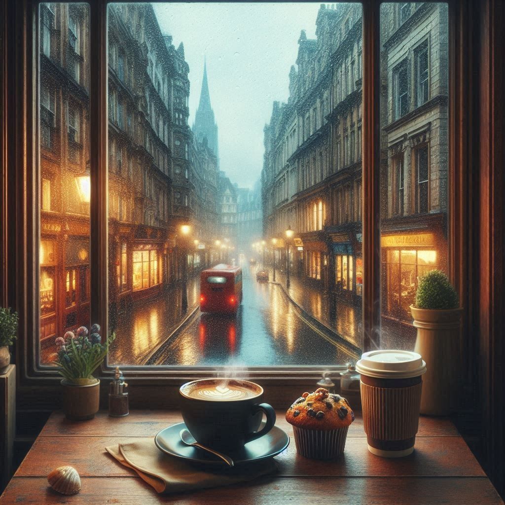 “A Rainy Day’s Comfort: Coffee by the Window”