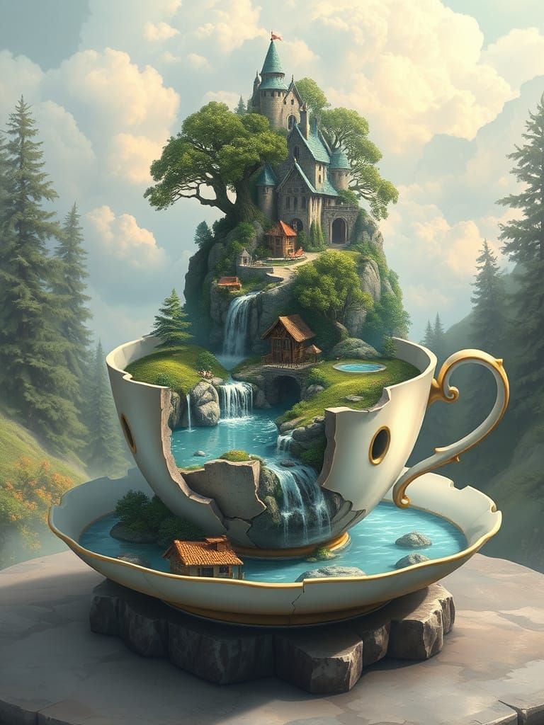 Fantasy Wonderland Kingdom Inside a Giant Broken Teacup