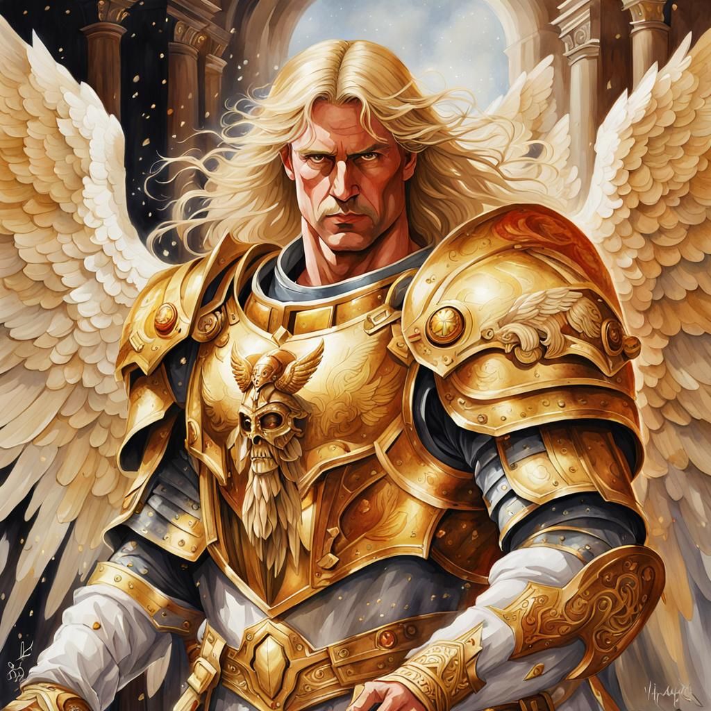 Watercolor painting of Sanguinius. White angel wings, long blonde hair ...