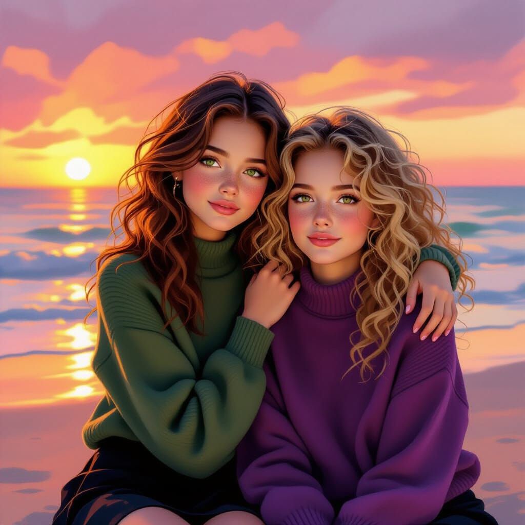 Sunset Beach Scene With Two Friends in Golden Hour Light