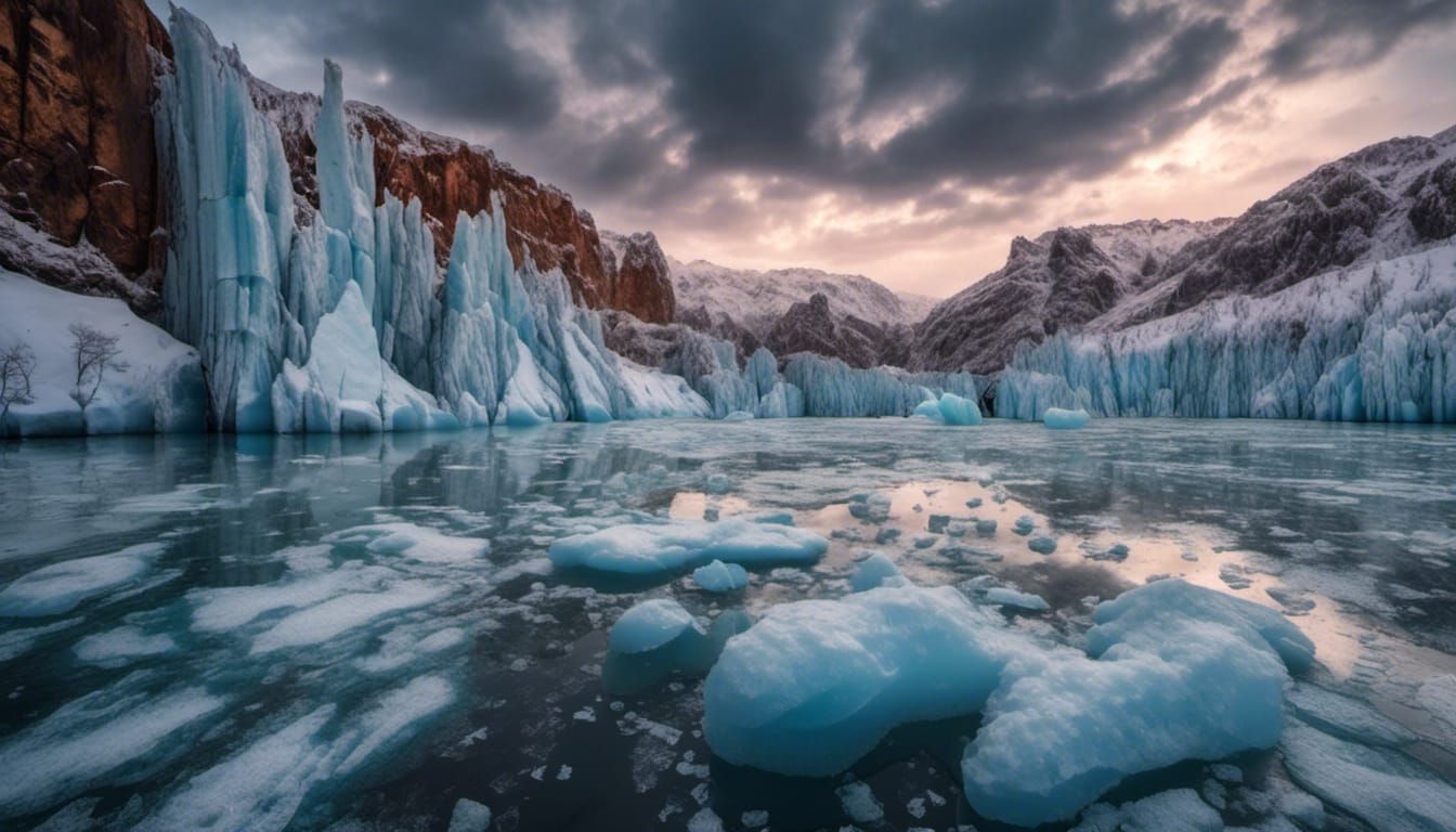 <lora:EpicLandscapes10:1.0> RAW Photo, ultra realistic, crisp, ultrasharp, a frozen lake surrounded by huge cliffs, cracks in the ice, ice b...