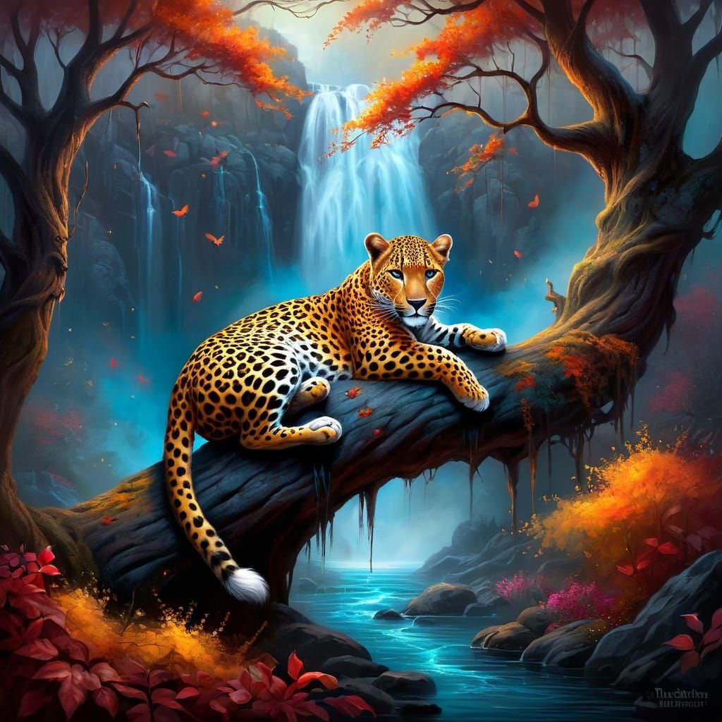 Leopards sleeping on a branch on a tree