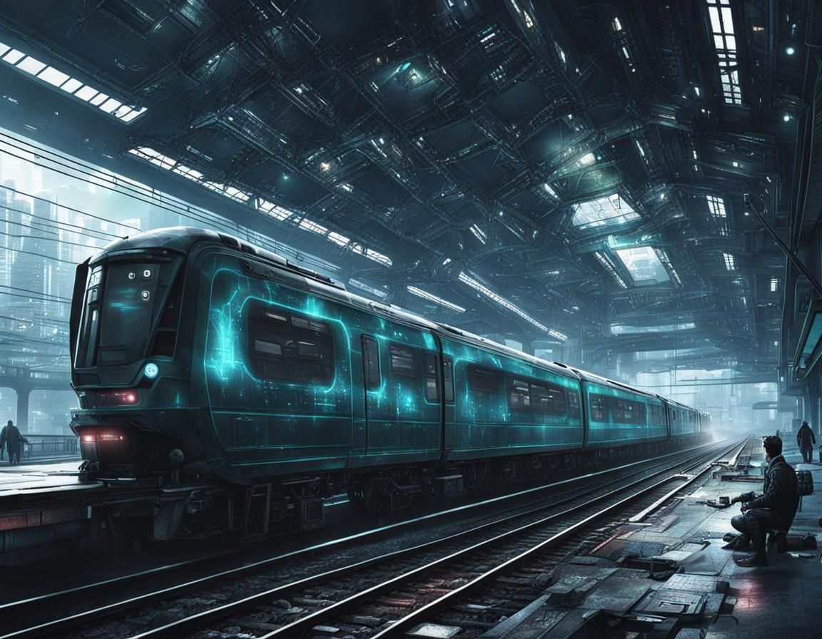 Cyberpunk Train Station with Matrix Sky