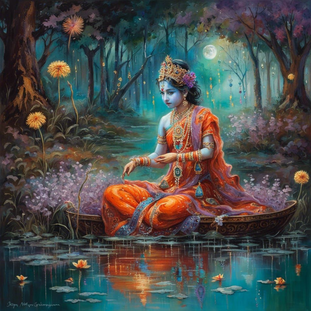 Ornate Lord Krishna and Radha in a Glowing Forest