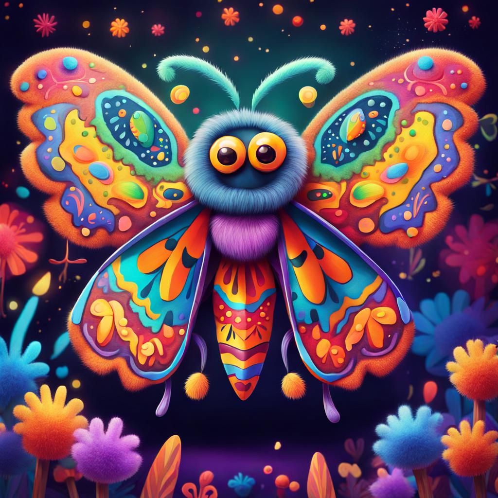 draw a cheerful cute fuzzy psychedelic moth on a strangely d...