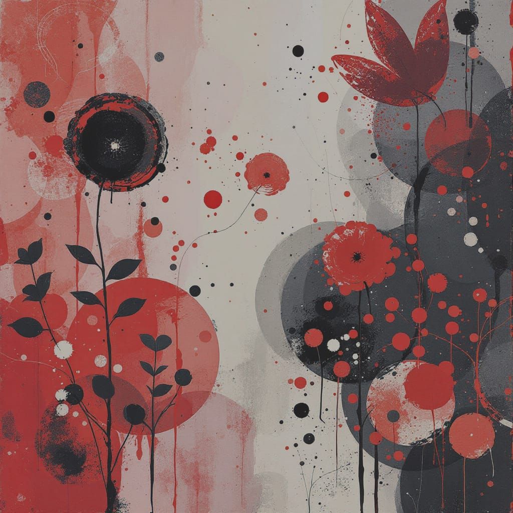 crimson tempest: encaustic monotype abstract stenciled botanical shapes, a scenescape filled with dynamic movement _ 1