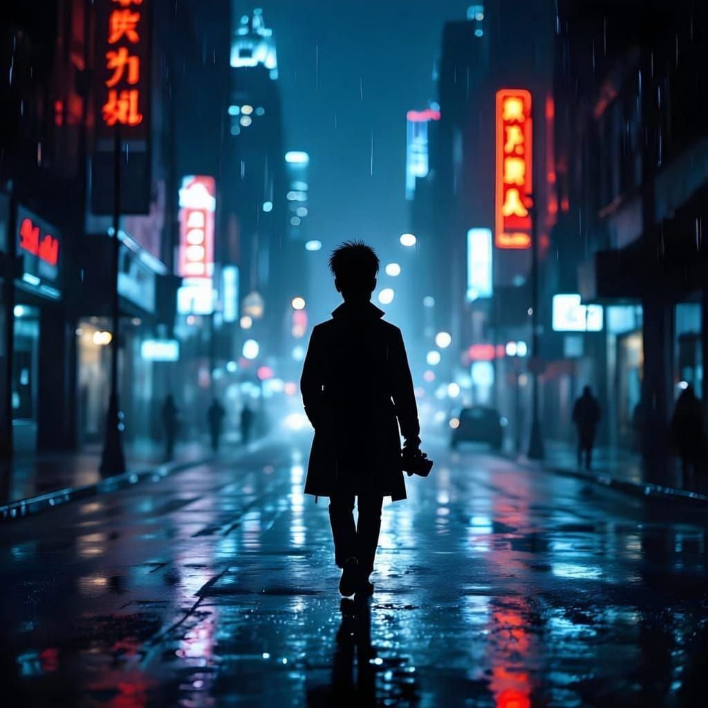 A photographer walking down a rainy desolate cityscape 