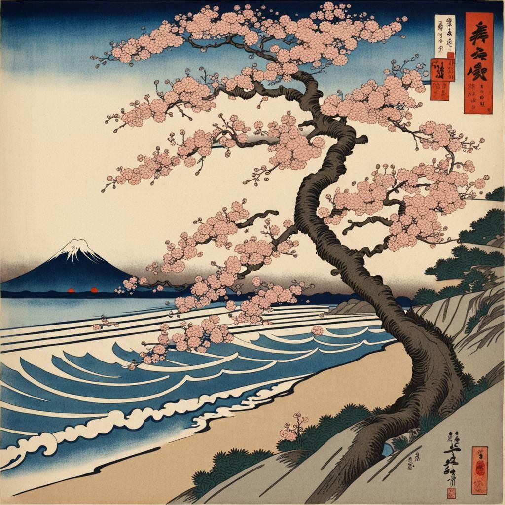 Ukiyo-e art of cherry blossoms tree at a shoreline with small waves hitting the shoreline