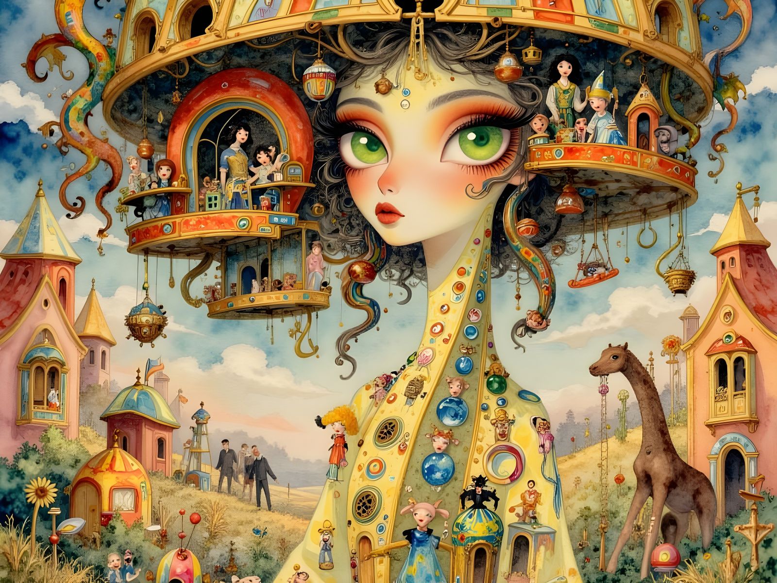 Woman with Circus Eye and Storybook Hair in Nouveau Style