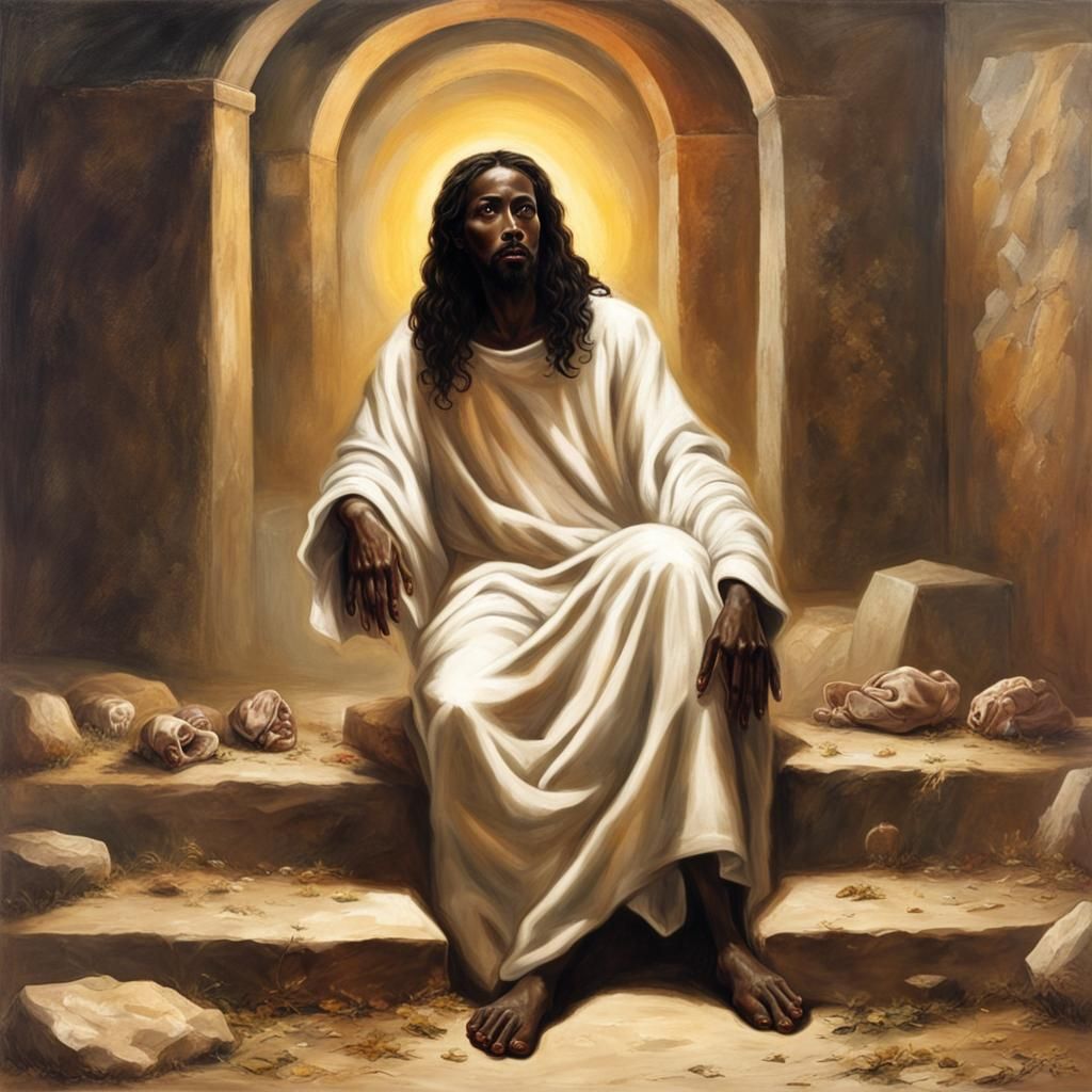 Jesus sitting on the steps of the tomb