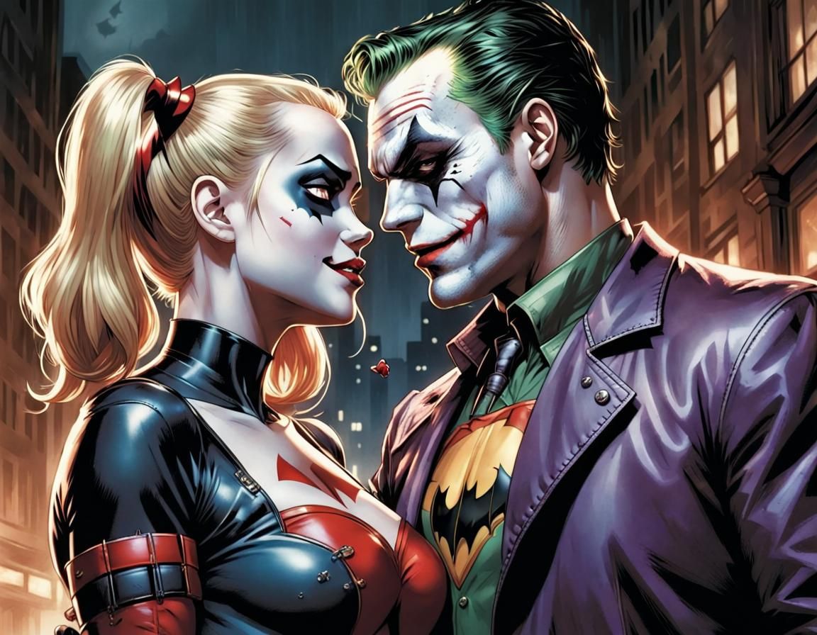 Batman embraces Harley Quinn, looking into each others eyes, Robin and ...