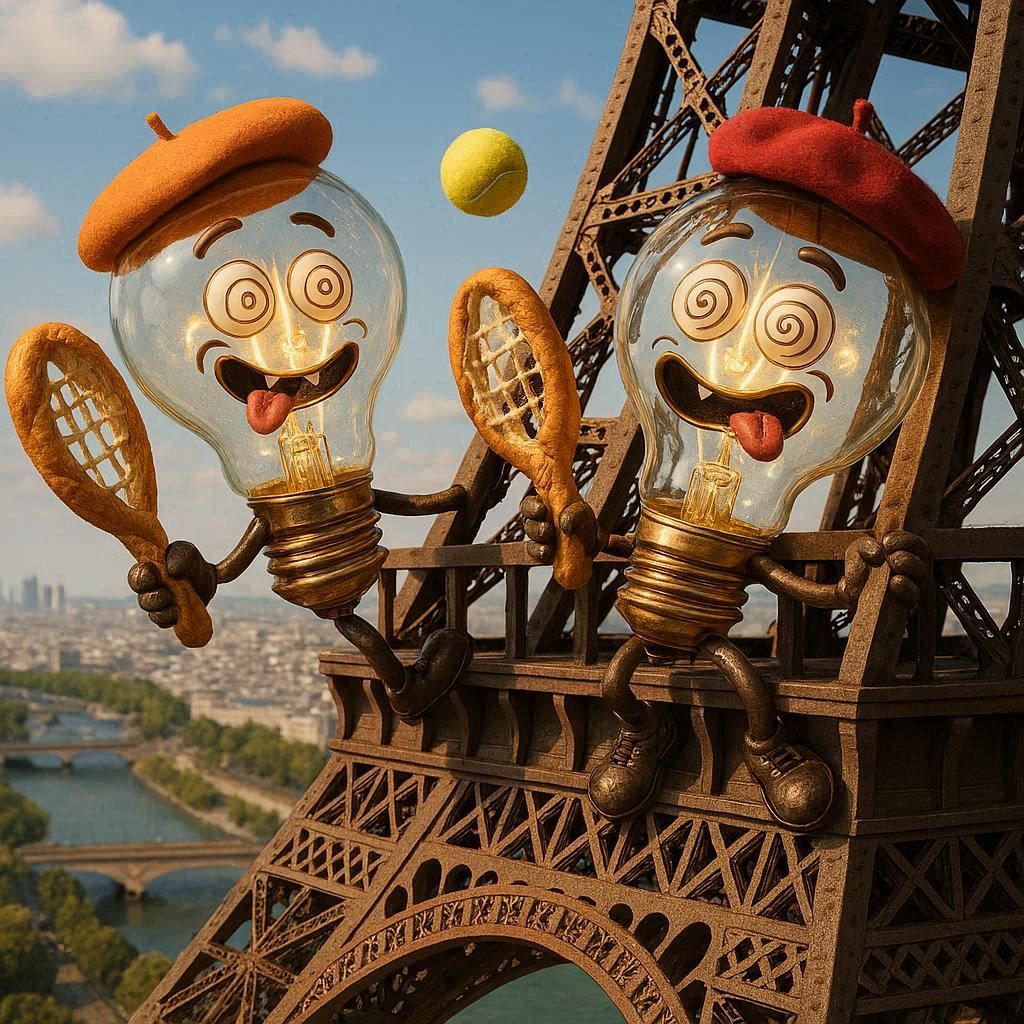 Dizzy Lightbulbs Playing Tennis on the Eiffel Tower