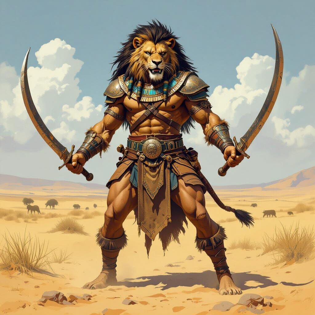 A Ferocious lion warrior with khopesh swords in each hand clad in leather armor on the sarengetti plains