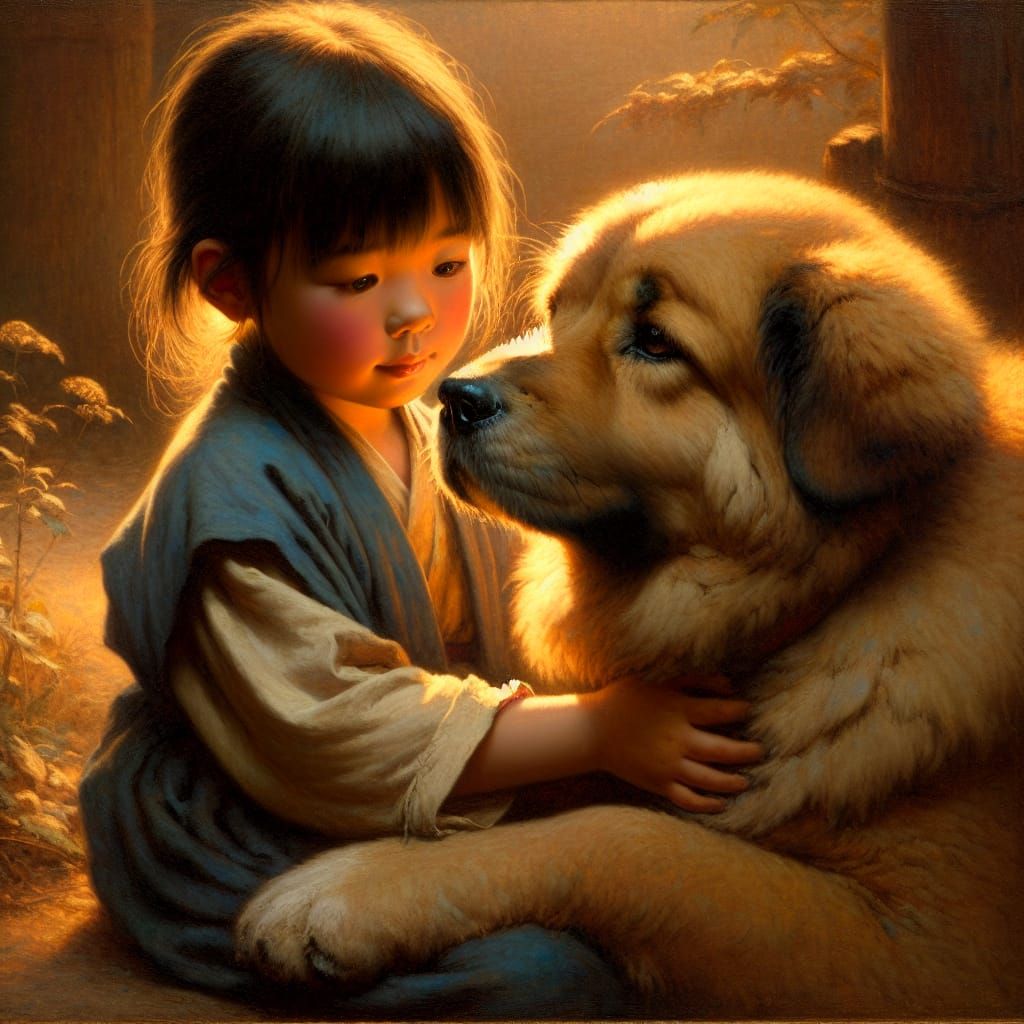 A little girl hugging a large dog. She is looking at the dog.  A painting In the style of Thomas Kincade.
