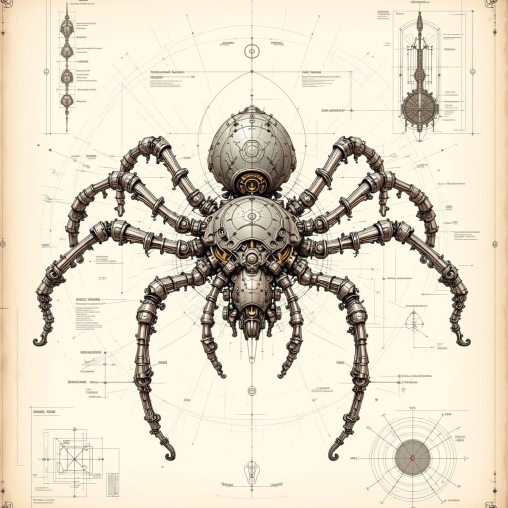 <lora:Schematic Drawing:1.0> An illustration in the style of <Schematic> of a futuristic spider, showing all its intricacies and mechanisms,...