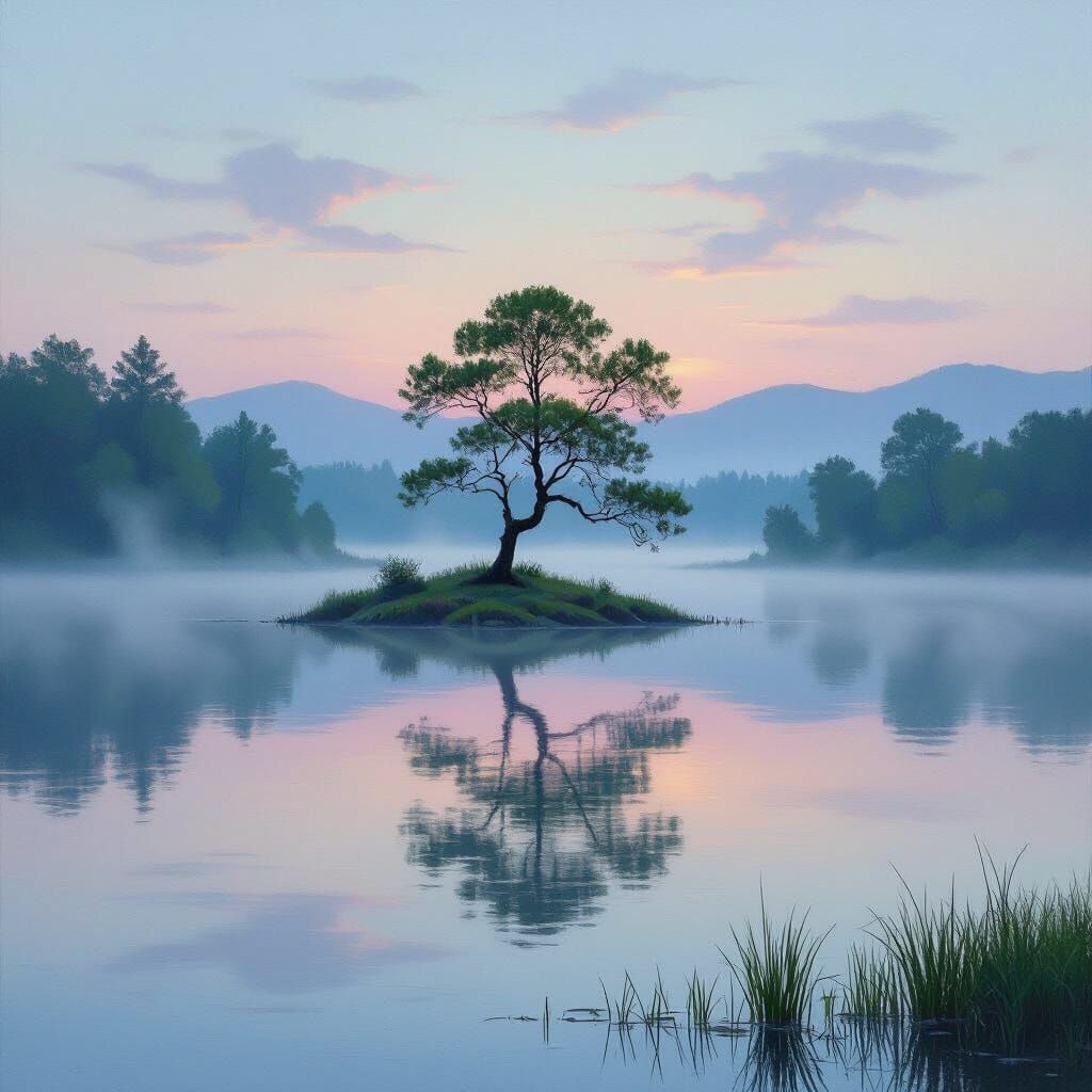 Serene Dawn Landscape Oil Painting of Tranquil Lake