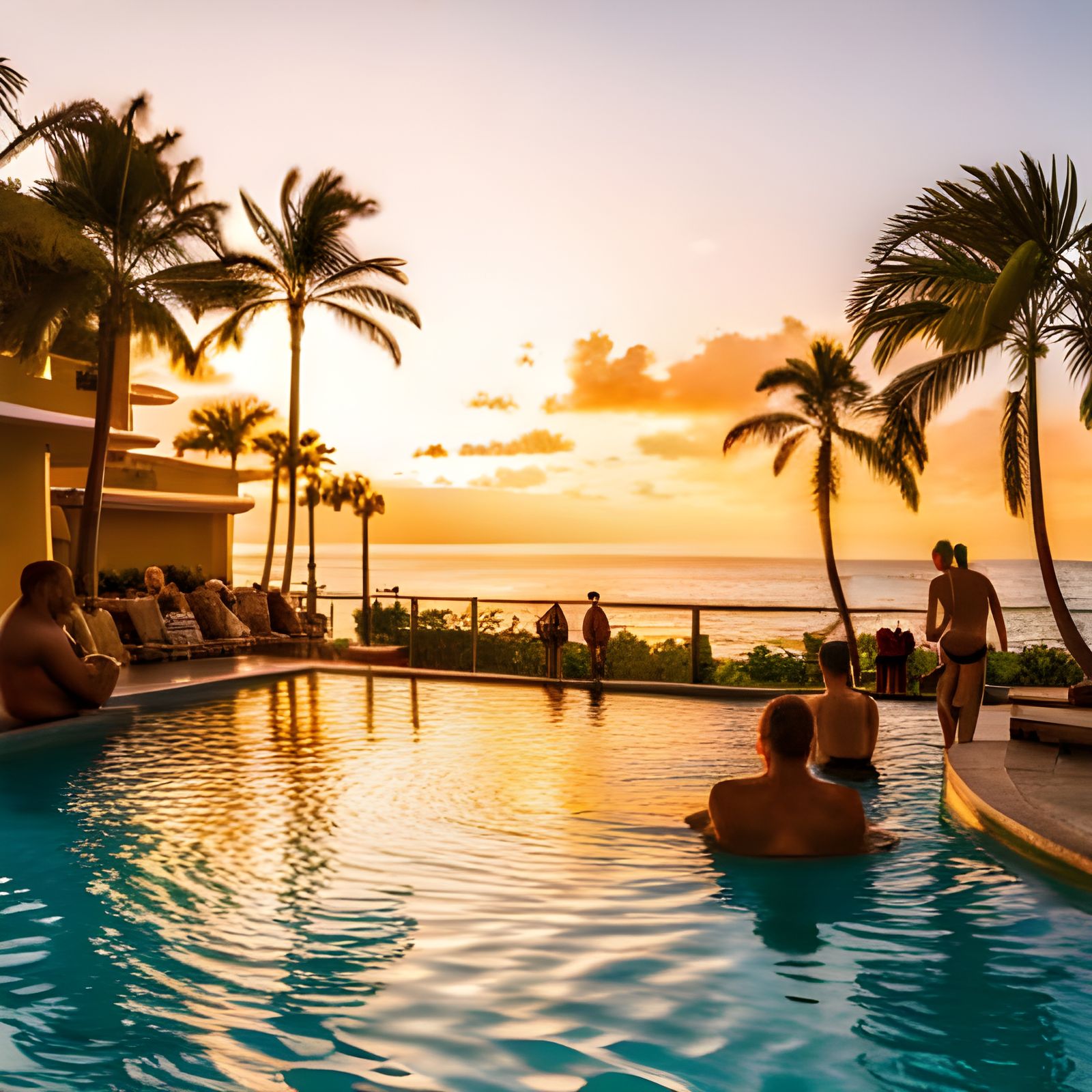 People at a Poolside scene watching the sunset in San Juan, Puerto Rico ...