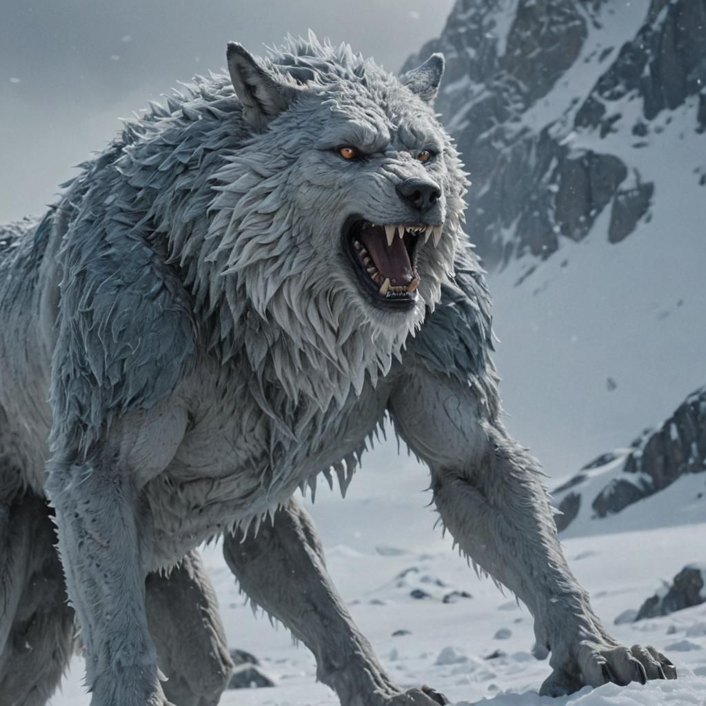 Giant Wolf Creature on Snowy Mountain