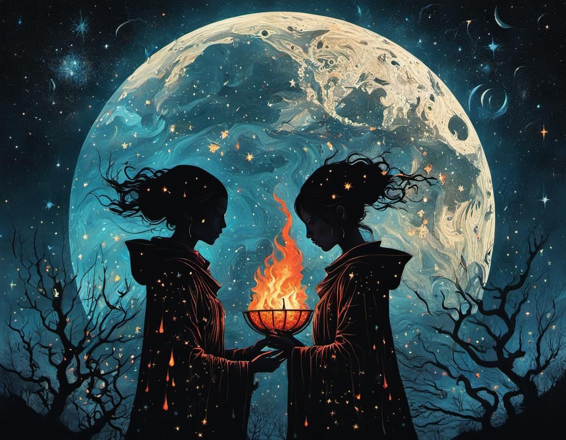 Macabre Starry Night Rain Collage Art