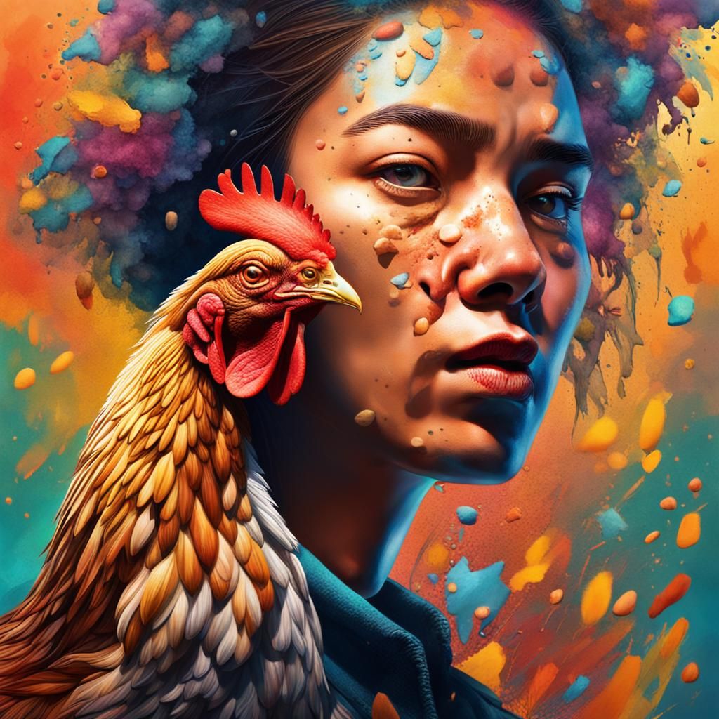A woman with the head of a chicken and the body of a woman p...