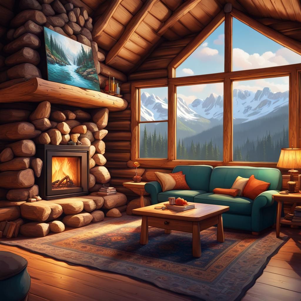 8k realistic, inside of a log cabin with rock fireplace, comfy ...