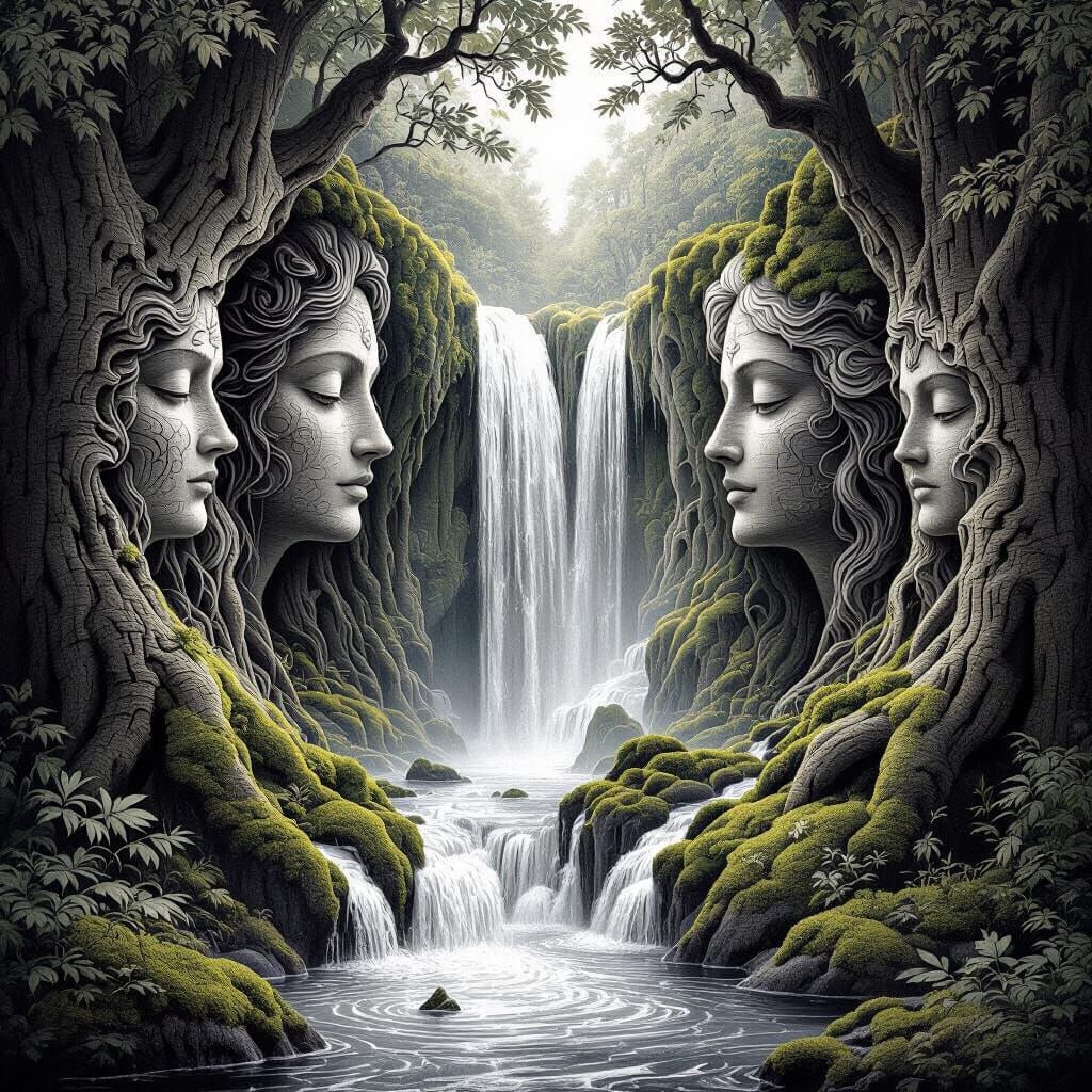 a surreal, psychedelic version of a forest waterfall for wooden laser engraving. Hidden faces and nature spirits subtly appear in the tree b...