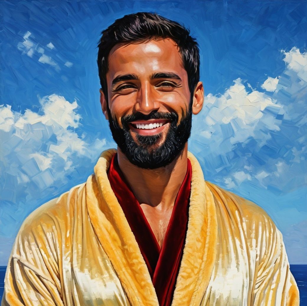 A handsome cheerful bearded man