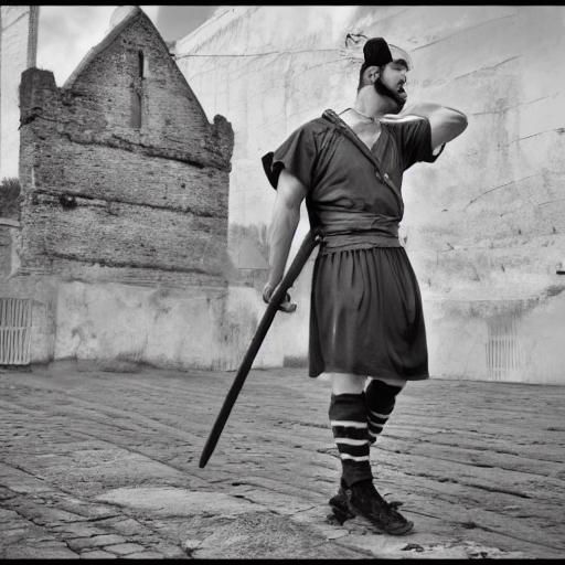 a vintage cartoon style Roman legionary wearing the kit of t...