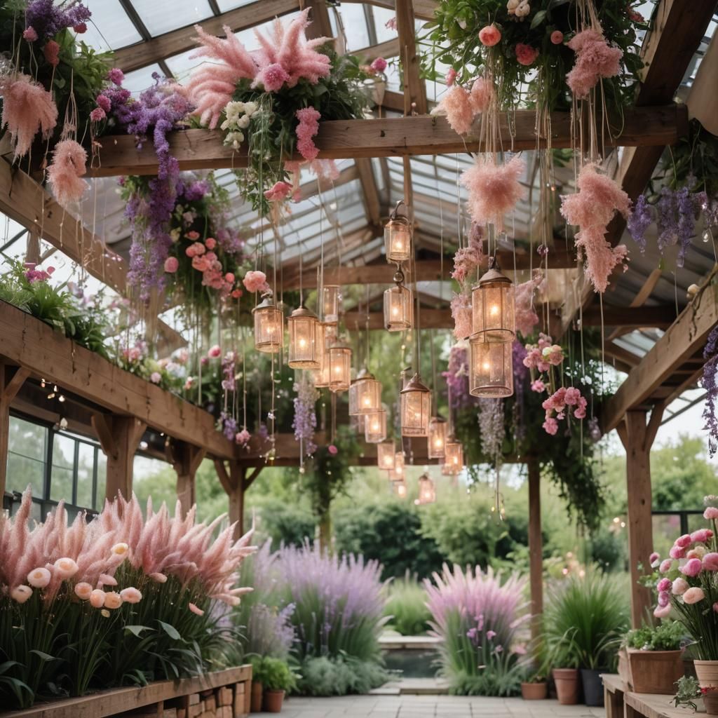 Lush Greenhouse with Hanging Flowers and Twinkle Lights