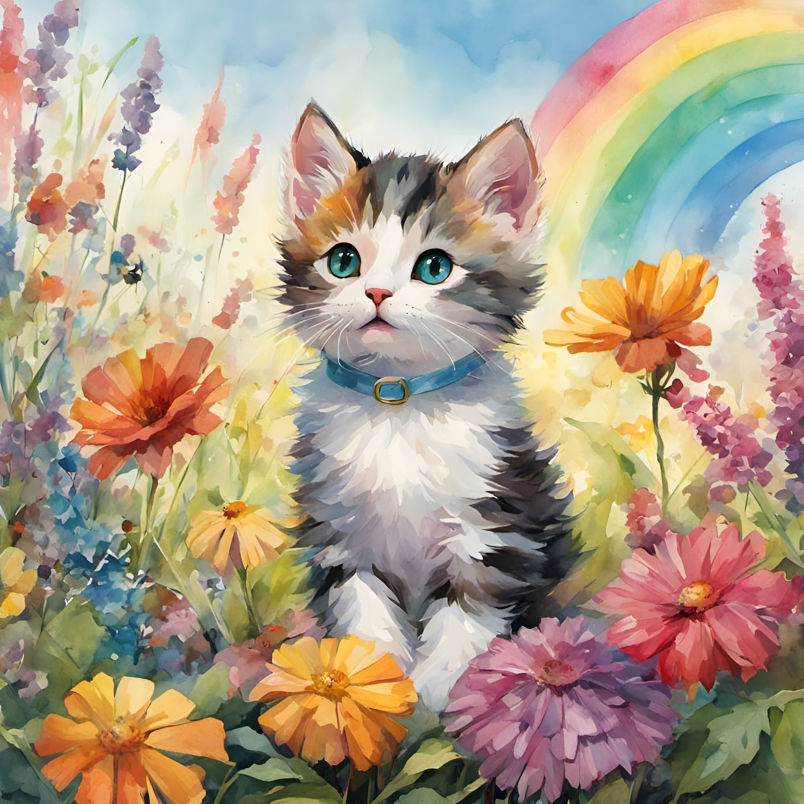 Kitten, Flowers and Rainbow   by @Rosie