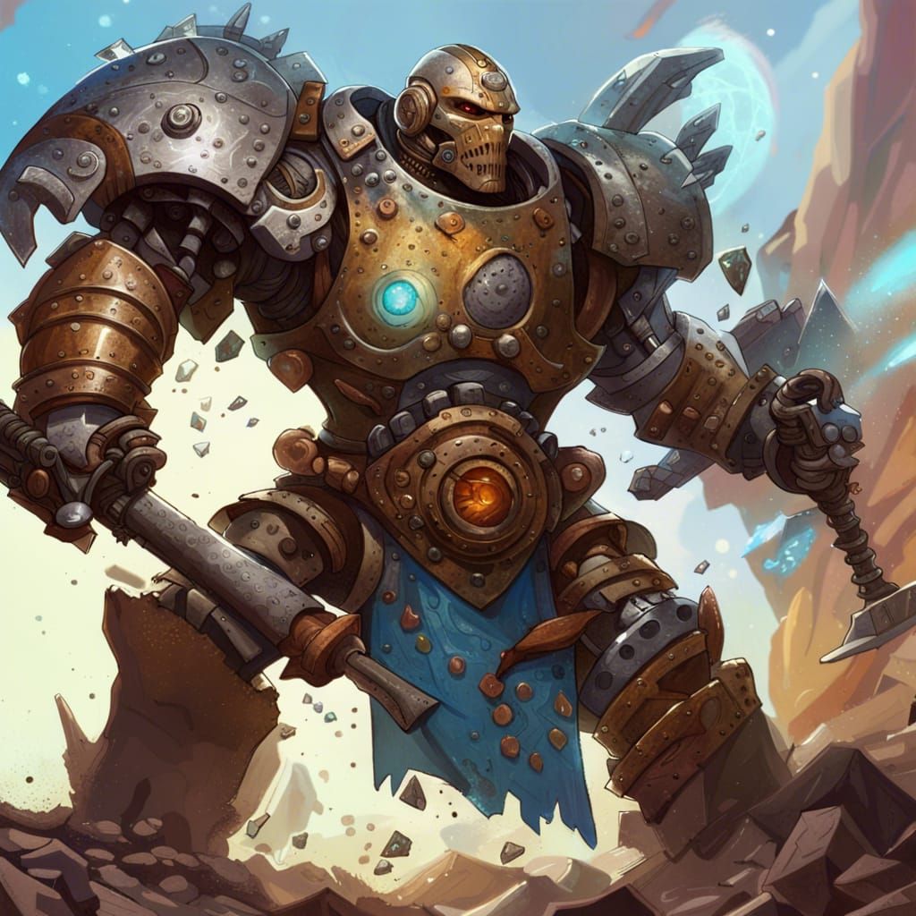 robot, warforged, Barbarian, with 2 handed axe, D&D, steampu...