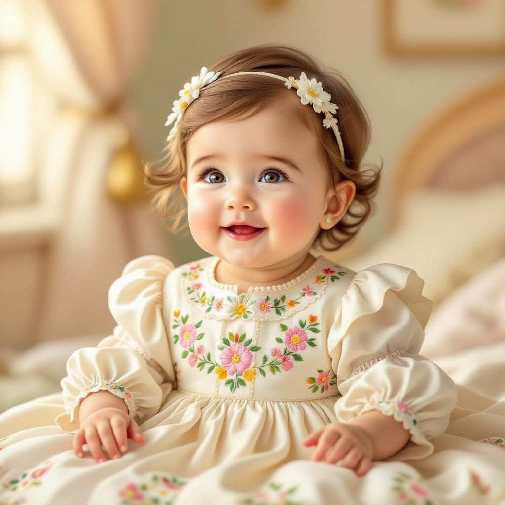 Baby in Ornate Gown Sings Joyfully in Storybook Style