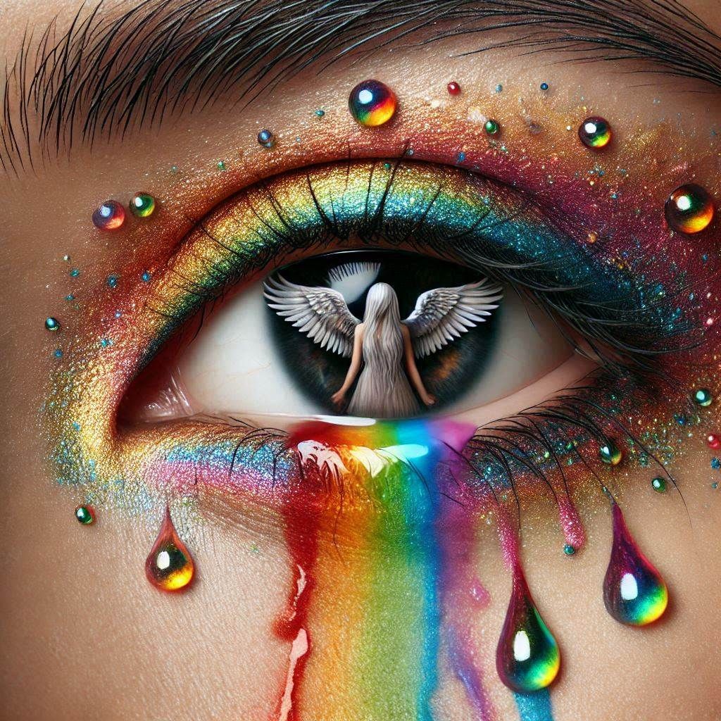 close up shot of a person with open eye with rainbow tears r...